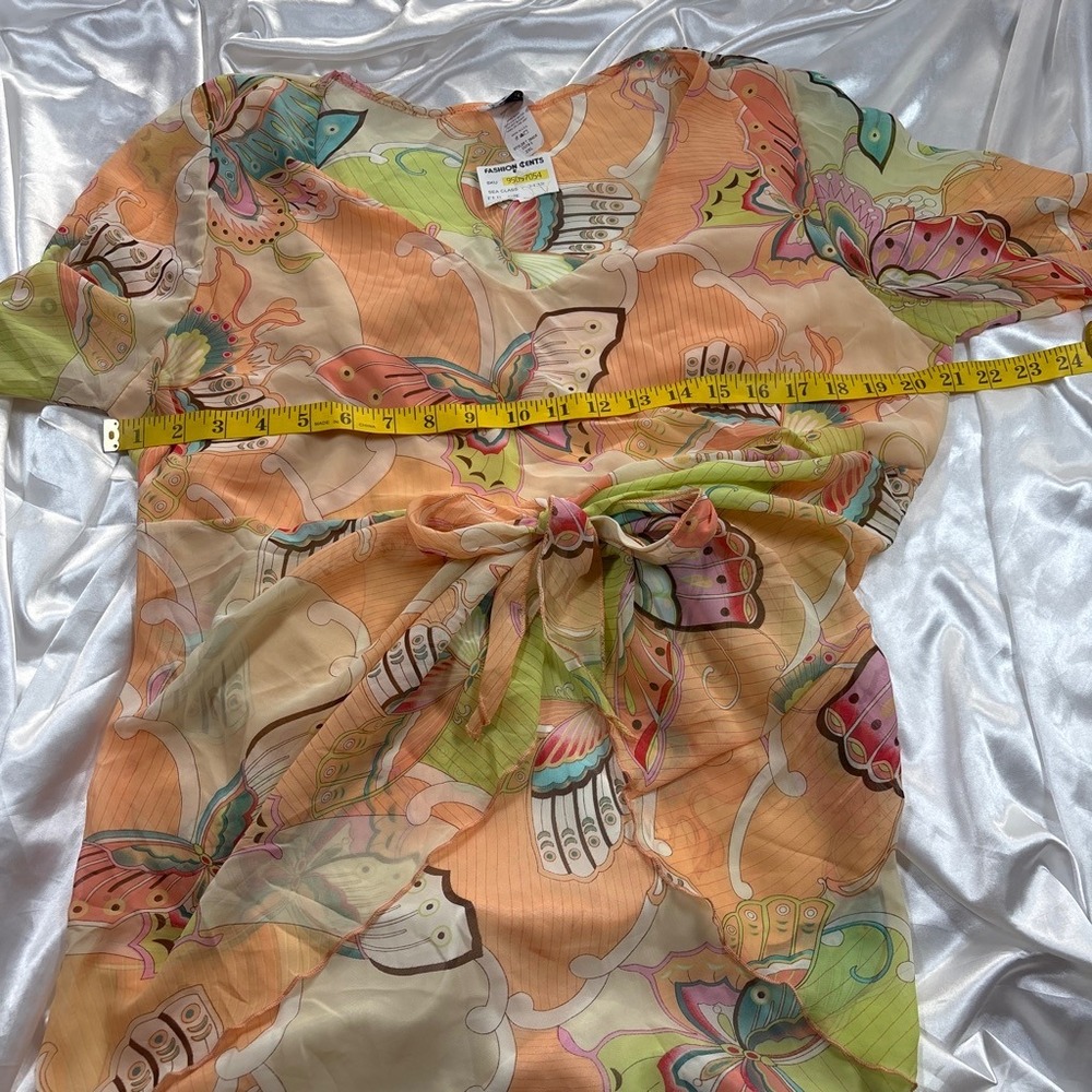 y2k Beware Butterfly Blouse Orange Excellent Sheer Tie Front Bell Sleeve Top 2XL - Picture 5 of 6
